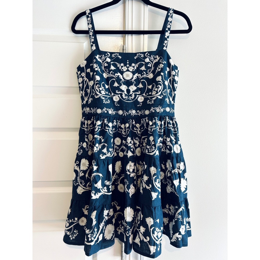Caroline Constas Mini Dress Navy Blue White Floral Linen Blend Tiered NWT size L